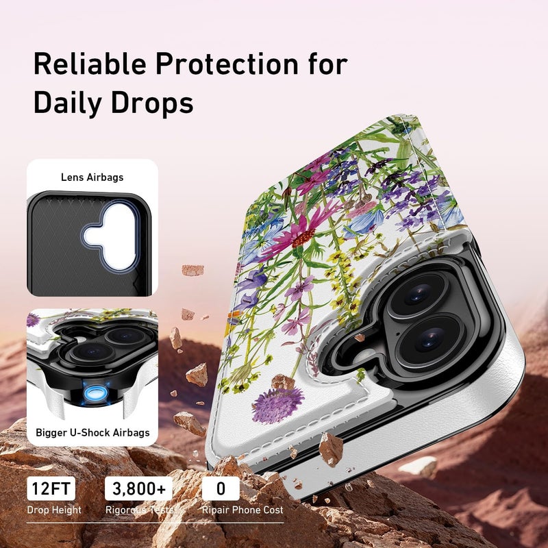 Goodon for iPhone 17 Case Wallet - Flip Folio Leather Cover with Trendy Floral Design, 3 Card Slots & Kickstand Function, Stylish Protective Phone Case for Women and Girls - Blooming Wildflowers - Image 5